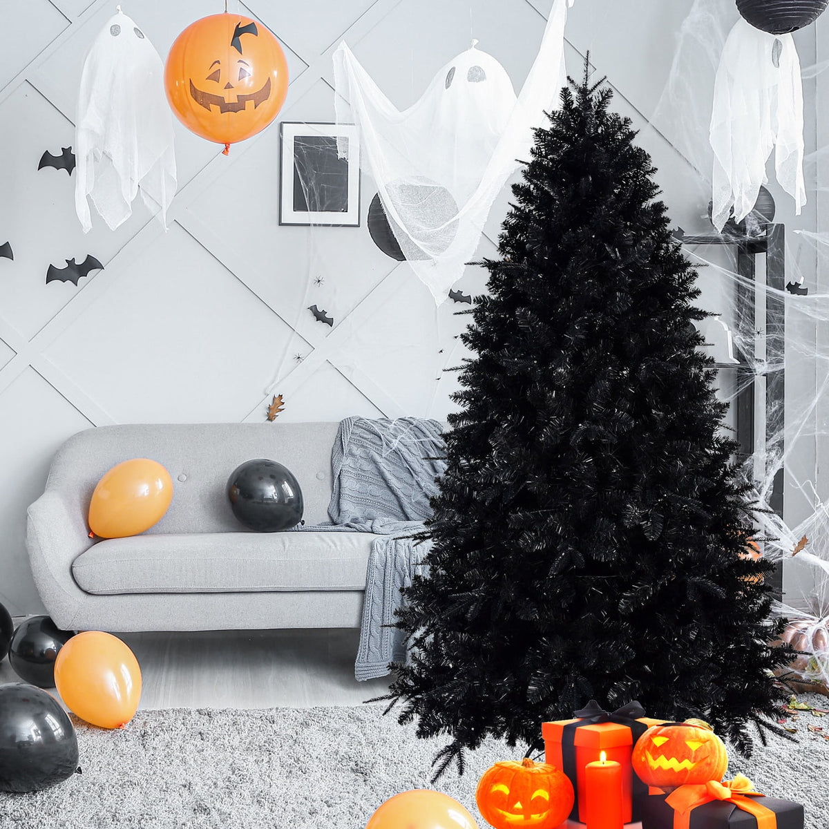 Artificial 7.5ft Black LED-lit Christmas Tree with 2156PE/PVC Mixed Branch Tips,Hinged Premium & Foldable Base for Indoor Holiday Decorating
