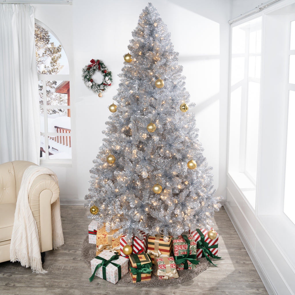 Naomi Home 7.5ft Gold Christmas Tree with Lights, Unique Colored Christmas Tree Prelit with 1412 Branch Tips, 600 Warm Lights and Metal Stand, Aritificial Christmas Tree