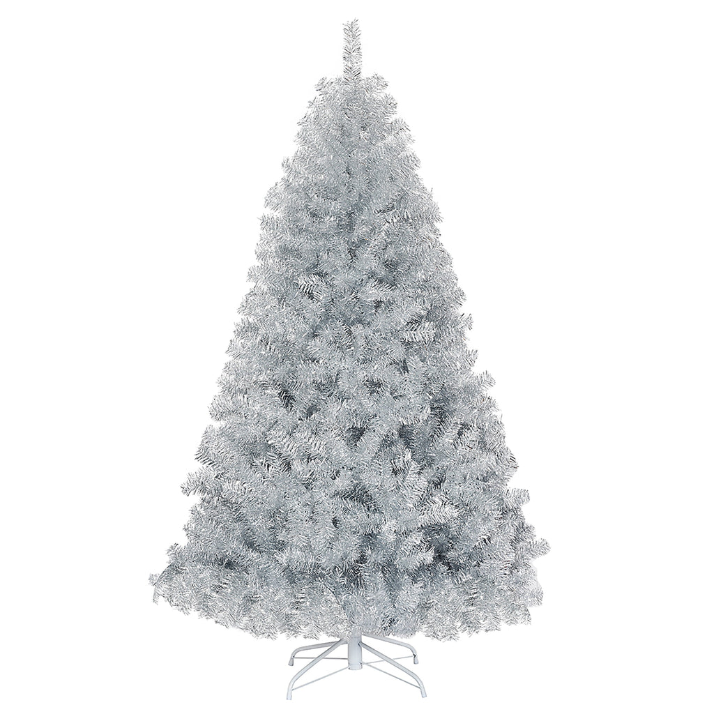 Costway 6Ft Hinged Unlit Artificial Silver Tinsel Christmas Tree Holiday w/Metal Stand
