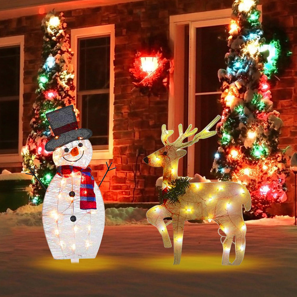 SLYNSHome 2Pcs Christmas Garden Pre-lit Lights LED Light Up Snowman and Deer Christmas Decoration Luminescent Elk Xmas Lamp Decor for Yard Pathway Lawn Patio Christmas Ornament Supplies ()