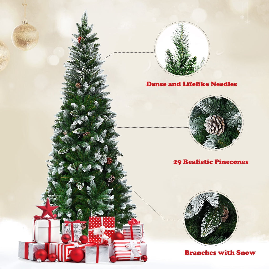 Gymax 5ft Snow Flocked Pencil Christmas Tree Classic Realistic PVC Needles W/Pine Cones