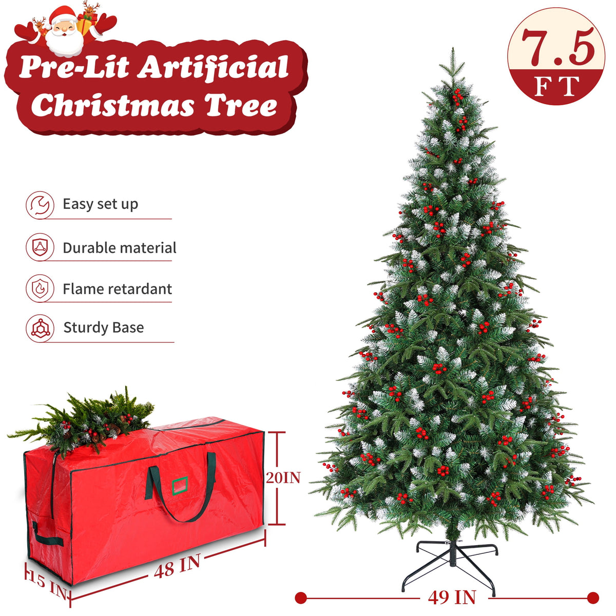 Yexmas 7.5ft Pre-Lit Artificial Christmas Trees,Green Xmas Tree with Large Christmas Tree Storage Bag,Berries, Realistic Artificial Christmas Trees for Home, Office, Party Decoration