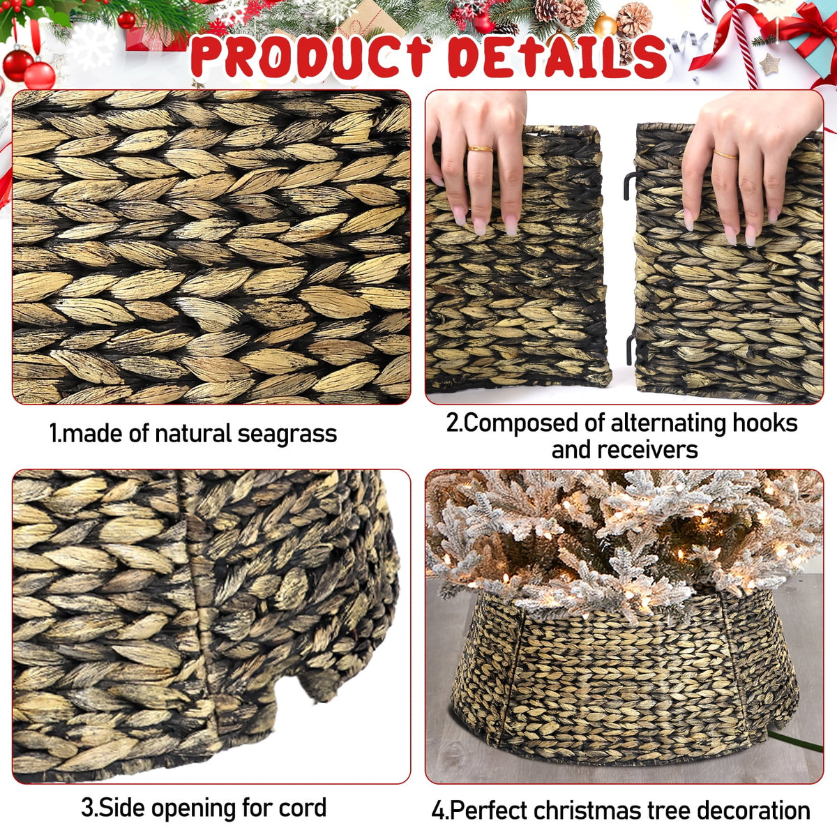 Ayieyill 26in Woven Hyacinth Christmas Tree Collar, Christmas Tree Decorations, Tree Skirt Accessory w/ Cord Cut-Out | Natural