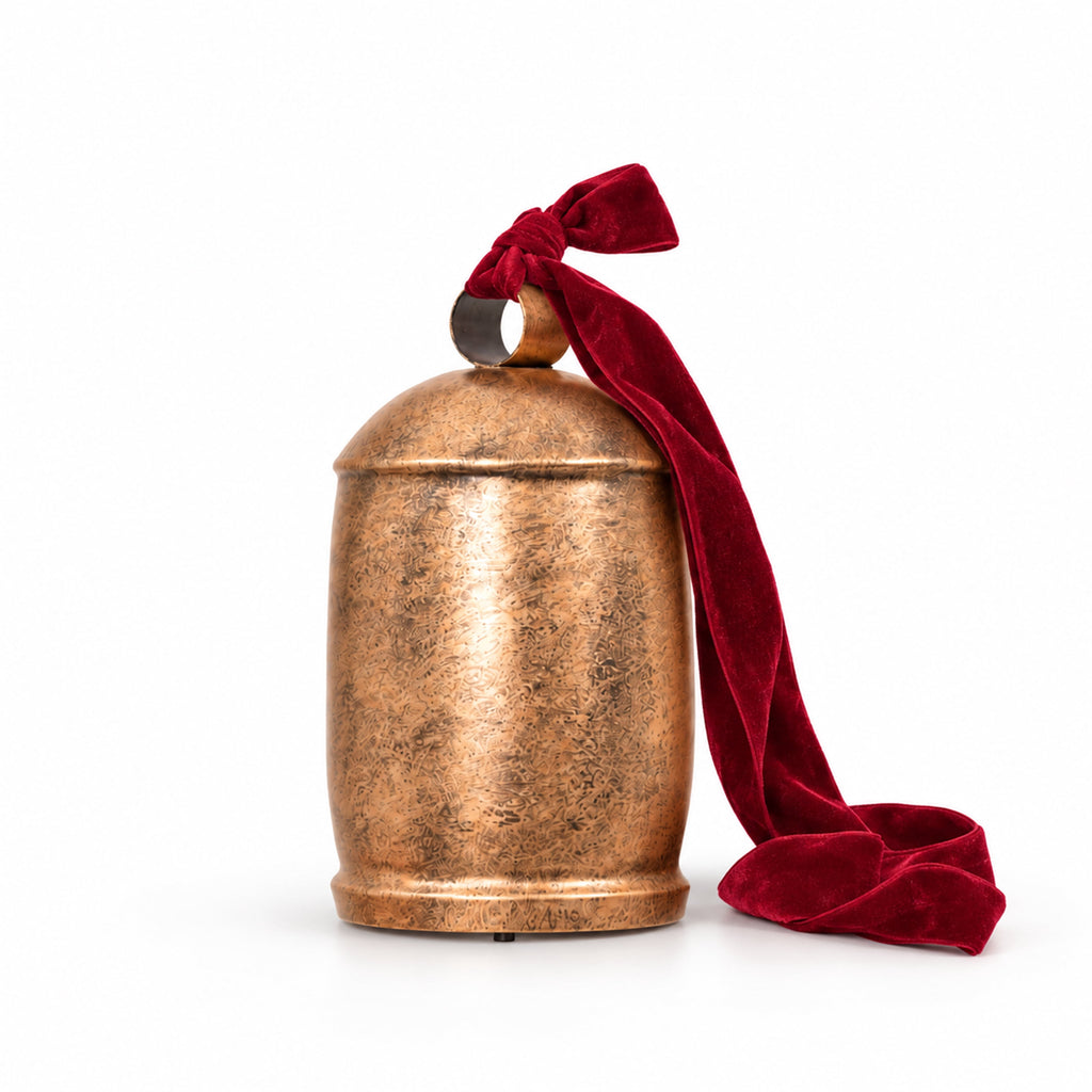 My Texas House Metal Hanging Bell, Antique Gold Finish with Red Velvet Ribbon, 11 inches
