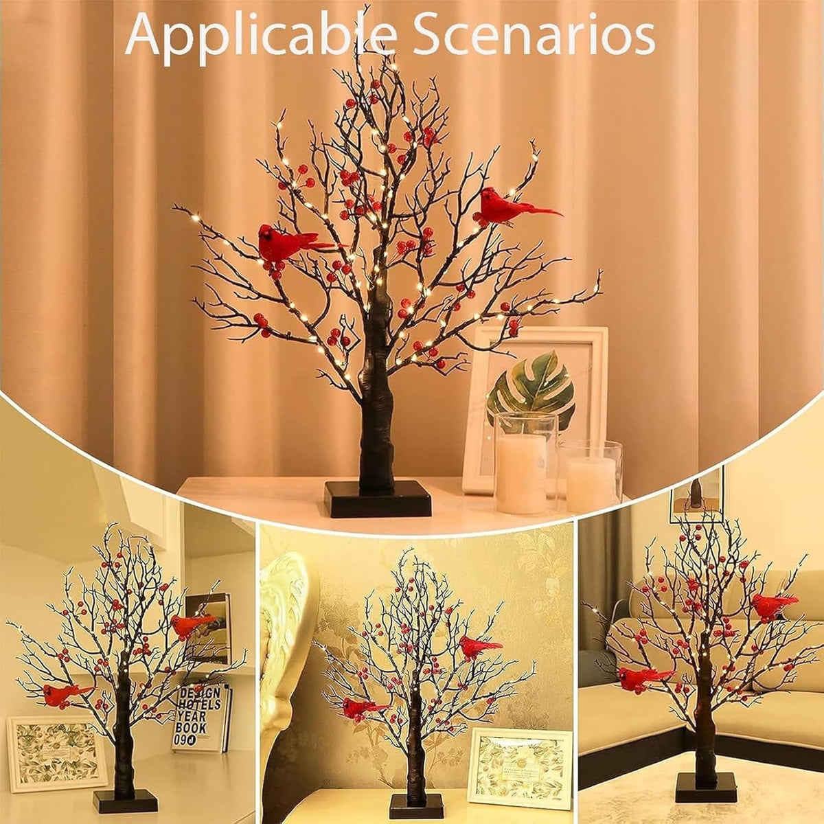 Vintage Glowing Tree with Cardinals, 21 in Little Red Bird Tree Light, New LED Mini White Birch Tree with Berries, Indoor Office Decor for Christmas, Halloween