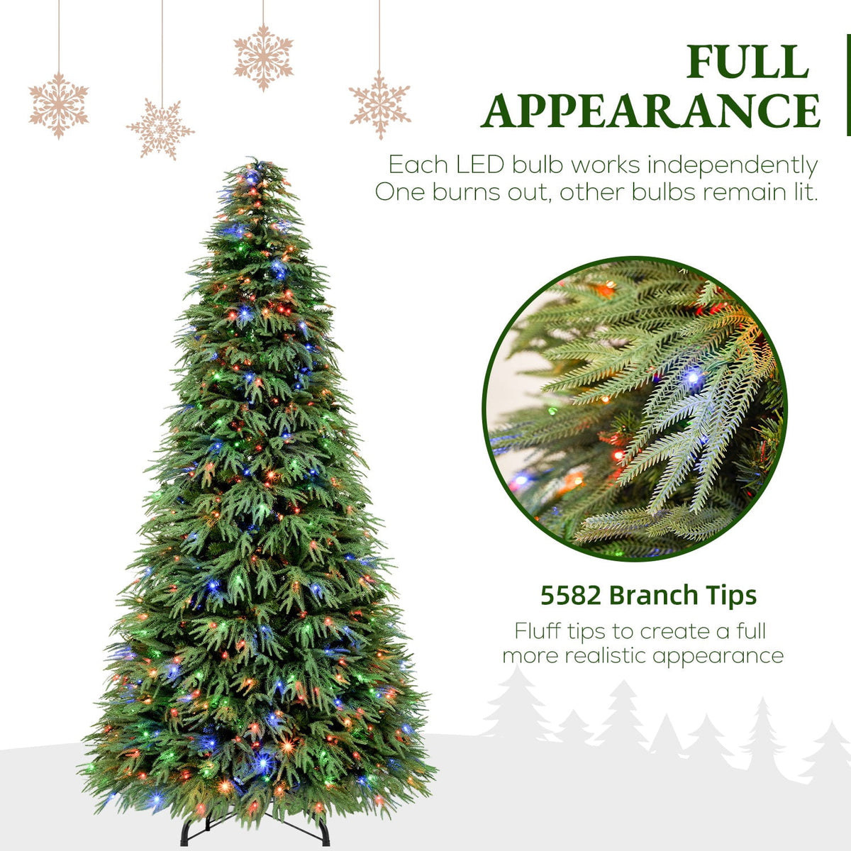 VIVATREES 7.5FT Premium Christmas Tree Pre-Lit Artificial Xmas with 550 Multi Color LED Lights, 5582 PVC PE Hinged Branch Tips Metal Base for Holiday Decor