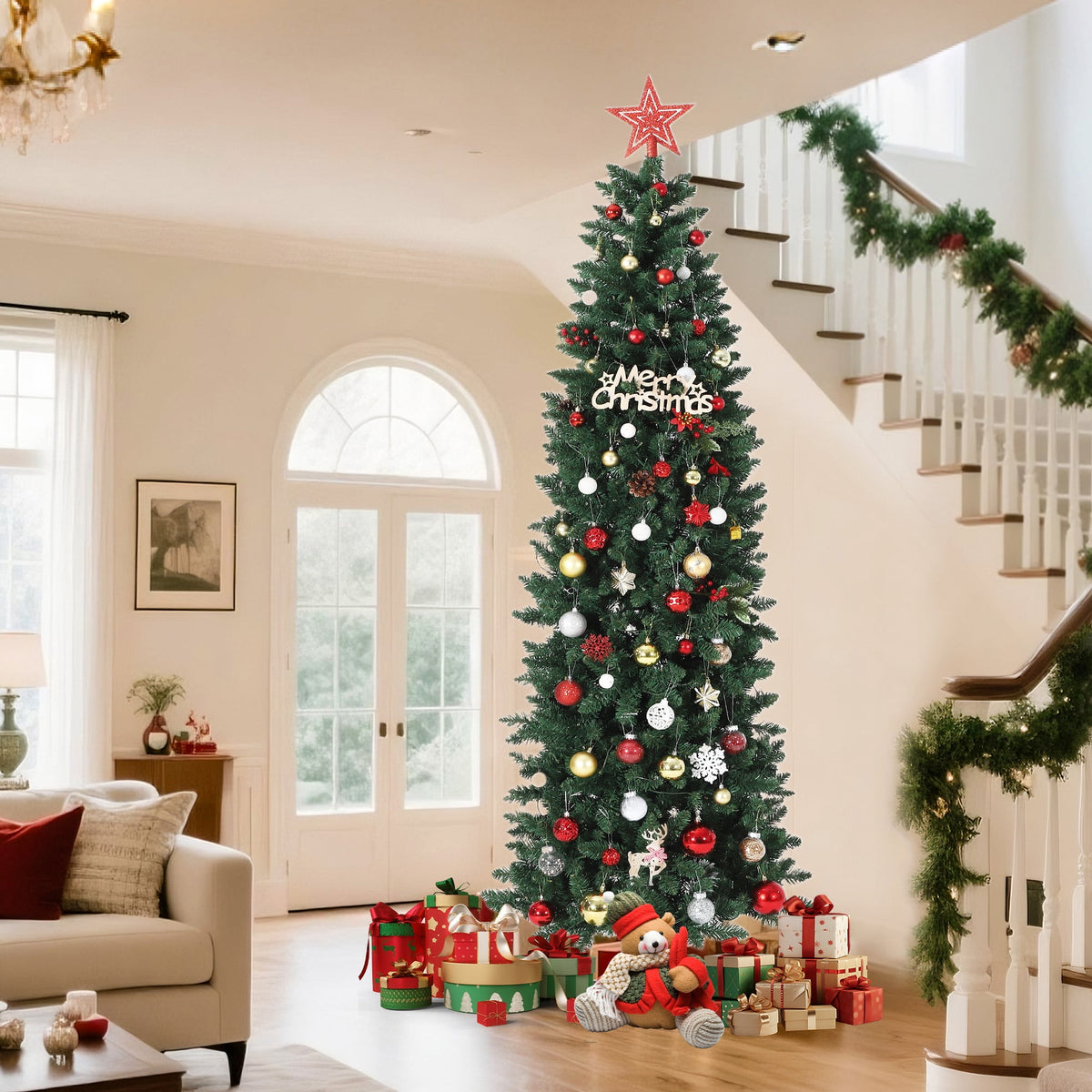 Towallmark 9FT Pre-Lit Artificial Pencil Christmas Tree with 380 Color Changing LED Lights,1153 Branch Tips