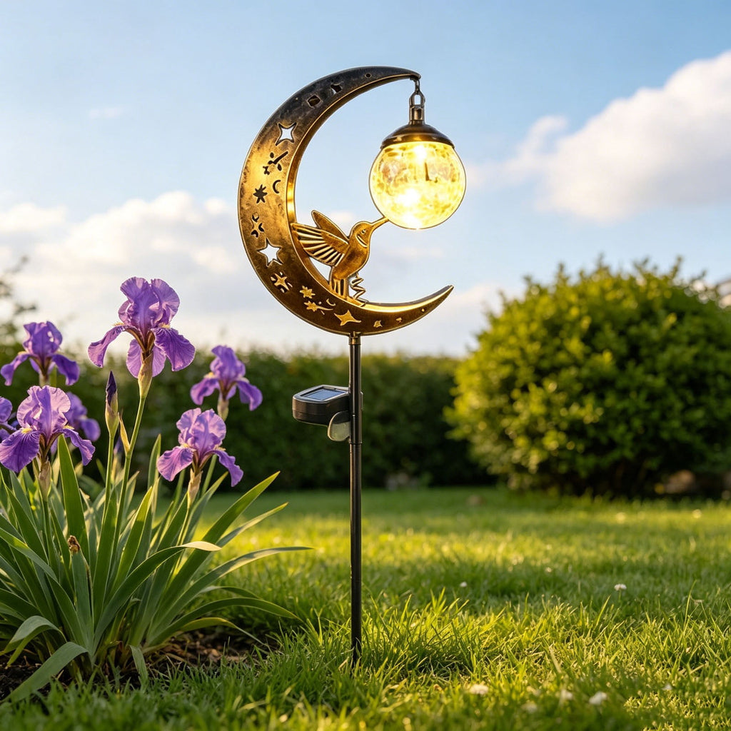 Hummingbird Moon Solar Garden Stake Light Half Moon LED Pathway Decor Crackle Hanging Glass Globe Ball Metal Crescent for Outside Yard Lawn Decor