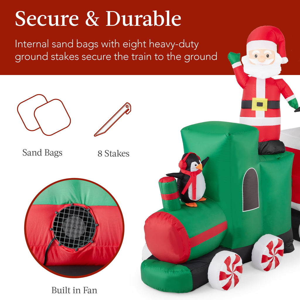 Best Choice Products 8.5 x 5ft Pre-Lit Inflatable Christmas Train & Animated Santa Claus w/ 10 LED Lights, Ground Stakes