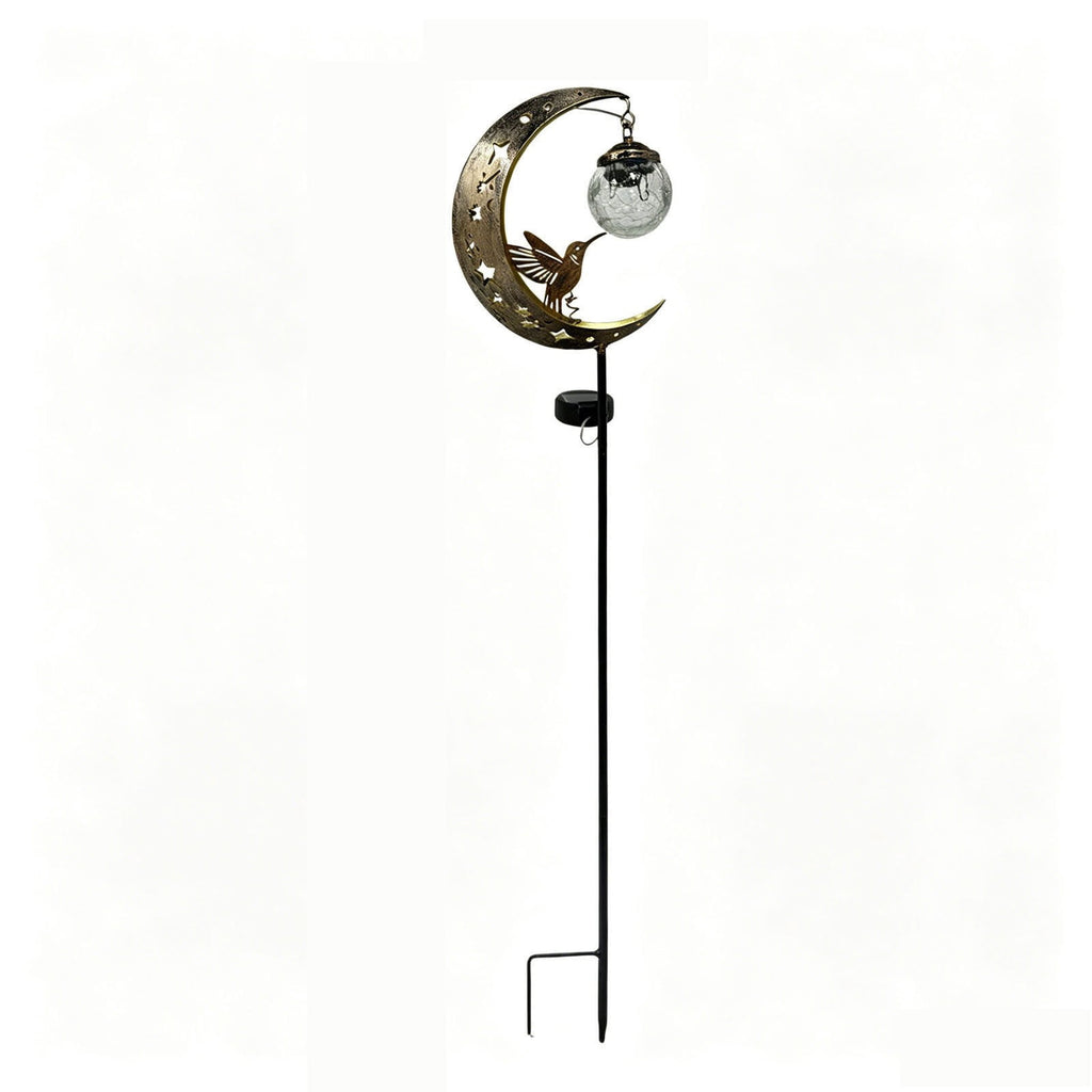 Hummingbird Moon Solar Garden Stake Light Half Moon LED Pathway Decor Crackle Hanging Glass Globe Ball Metal Crescent for Outside Yard Lawn Decor