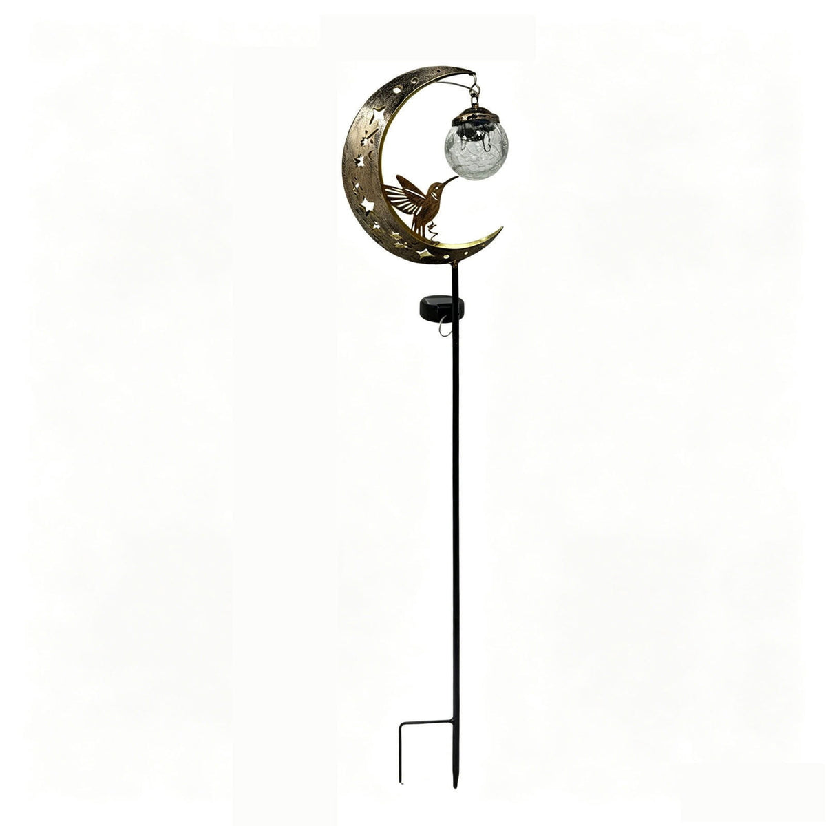 Hummingbird Moon Solar Garden Stake Light Half Moon LED Pathway Decor Crackle Hanging Glass Globe Ball Metal Crescent for Outside Yard Lawn Decor