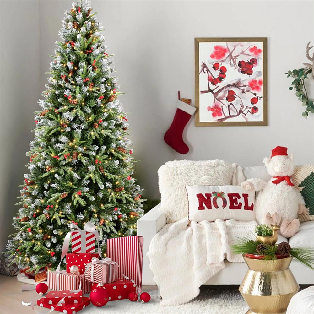 Topcobe Premium Artificial 7ft Green LED Christmas Tree, Foldable Base, Mixed Branch Tips, Red Fruits & Pine Cones for Indoor Holiday Decorating