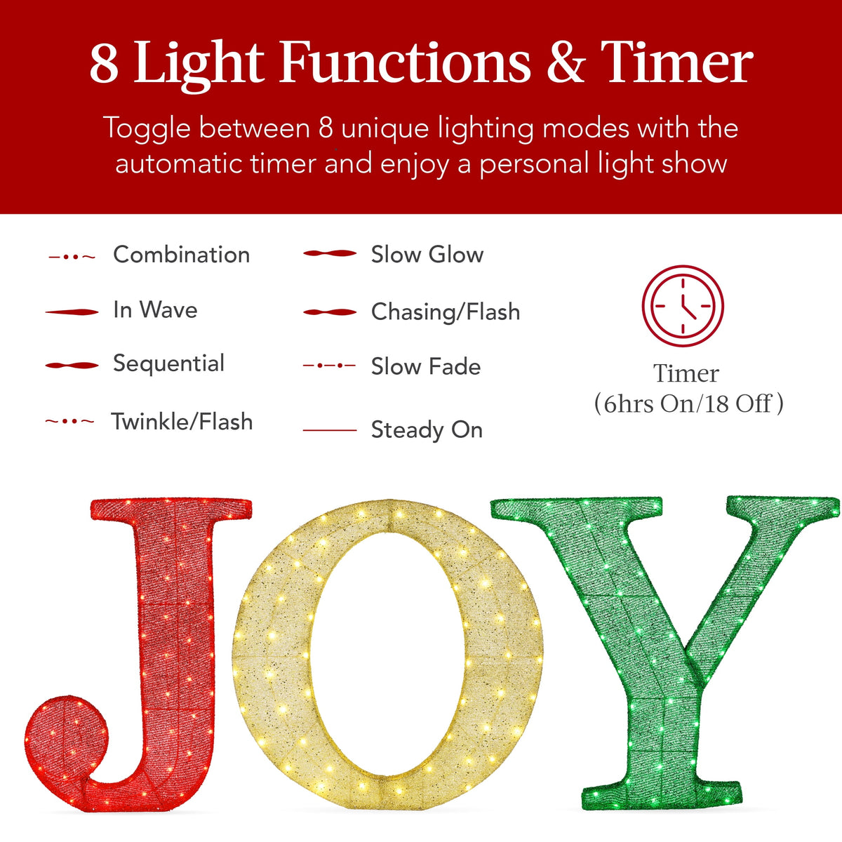 Best Choice Products 32in 3-Piece 3D Lighted Christmas JOY Yard Decoration w/ 150 LED Lights, Stakes - Red/Gold/Green