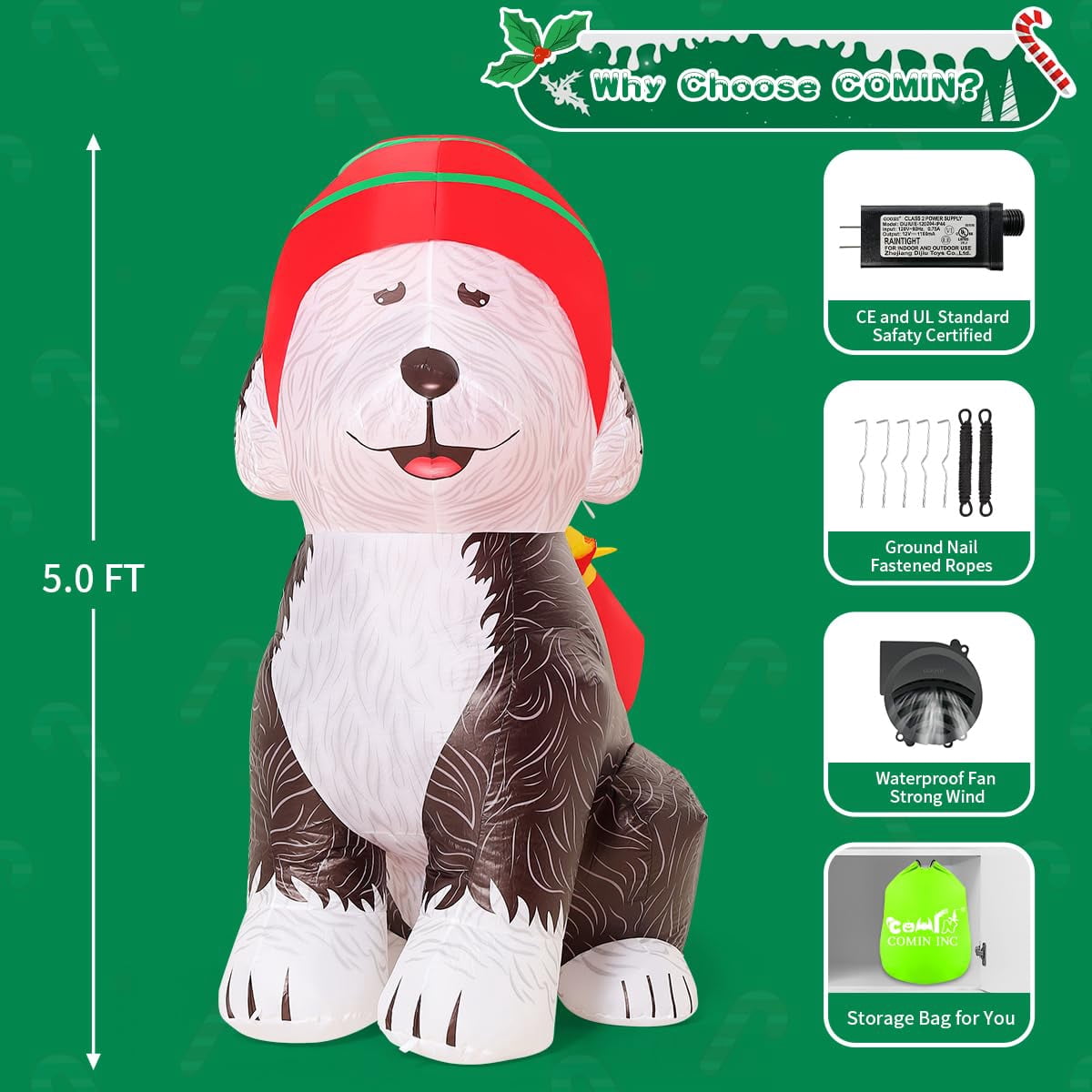 COMIN 5 FT Tall Christmas Inflatables Outdoor Decorations Blow Up Xmas Old English Sheepdog Carrying Presents with Built-in LEDs for Christmas Indoor Outdoor Yard Lawn Garden Decorations
