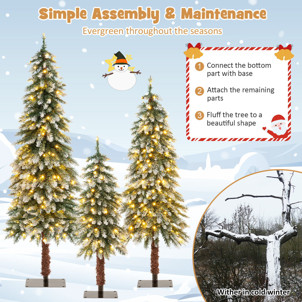 Topbuy 3/4/5FT Set of 3 Artificial Christmas Tree Pre-lit Pencil Christmas Tree with 129/231/369 Snowy Branch Tips