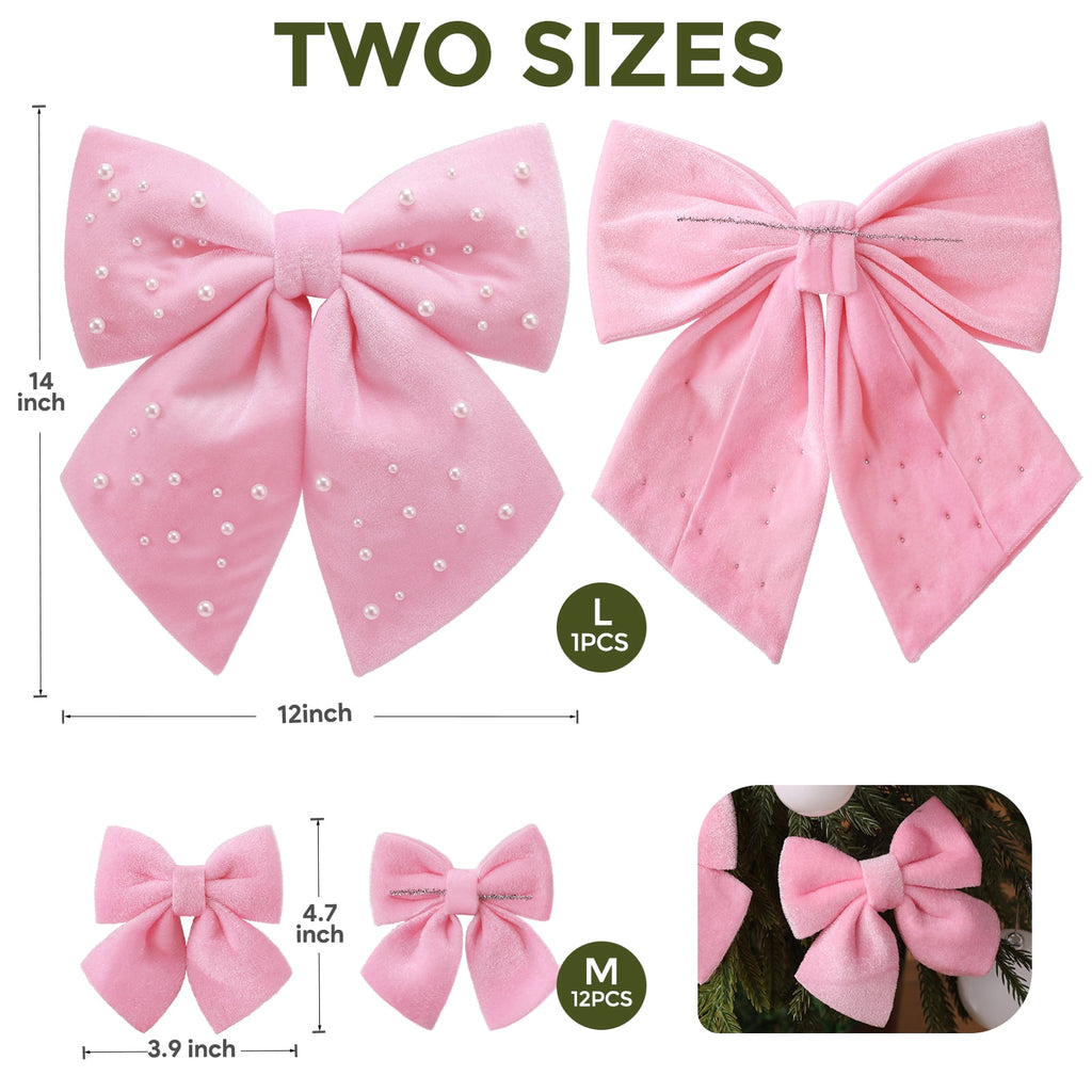 Ayieyill 13 Pack Coquette Pink Bows for Christmas Tree, Large Velvet Christmas Bows for Wreaths Tree Fireplace Indoor Decor