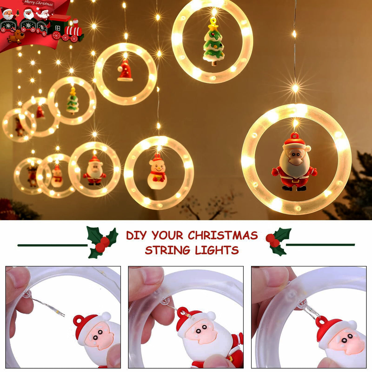 WILLED Christmas String Lights, 120 LED Window Curtain Lights with Christmas Ornaments, 9.8ft USB Powered Warm White Waterproof Fairy Lights Indoor Outdoor for Xmas Tree Patio Garden Party Home Decor