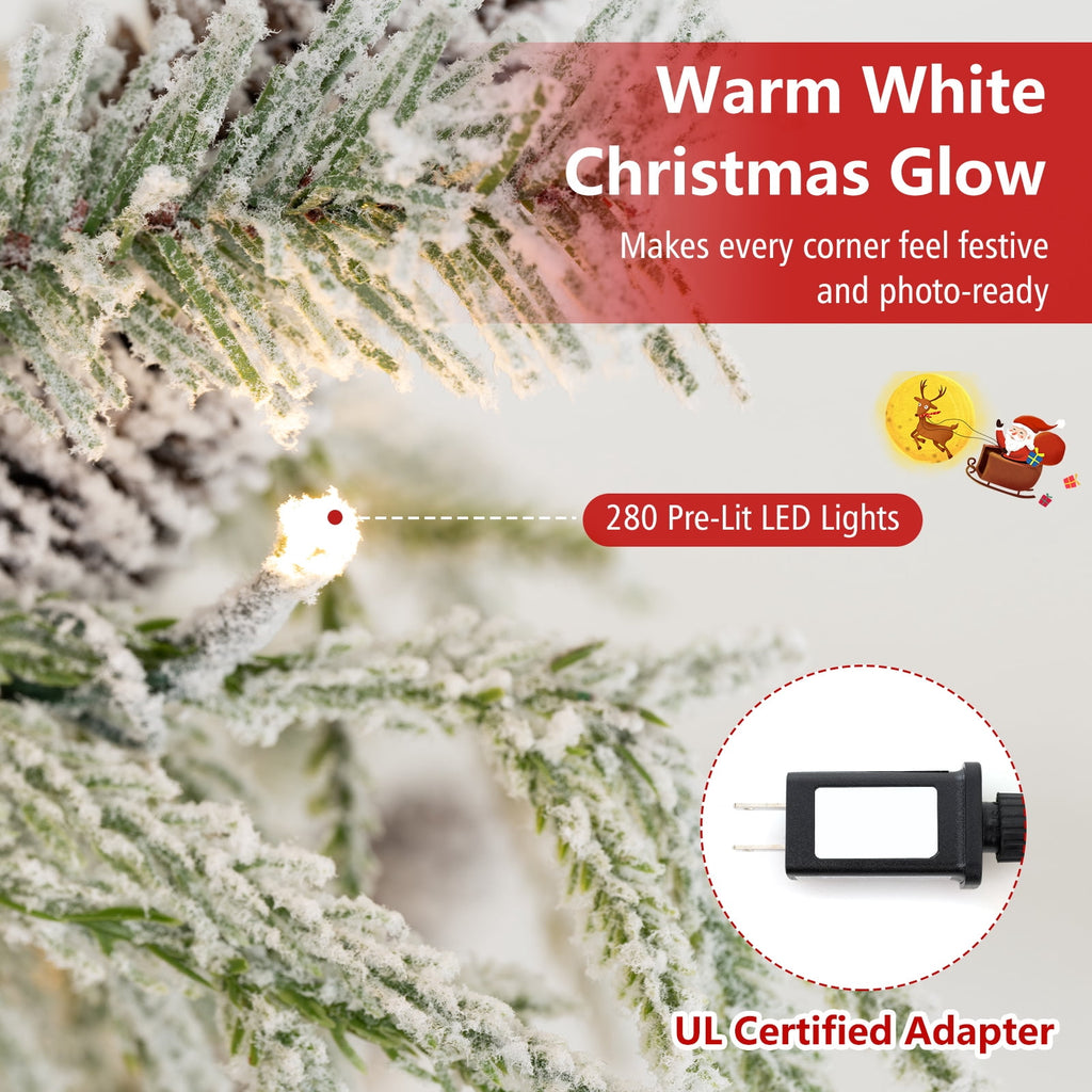 Costway 7 ft Flocked Cypress Christmas Tree with 710 Full PE Branch Tips, 350 LED Lights Sparse-Style White