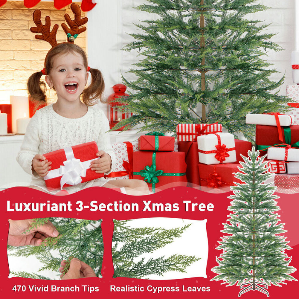 Topcobe 6.5/7.5 Feet Artificial Cypress Christmas Tree Pre-lit Hinged, Christmas Tree for Christmas Decoration-6.5 ft