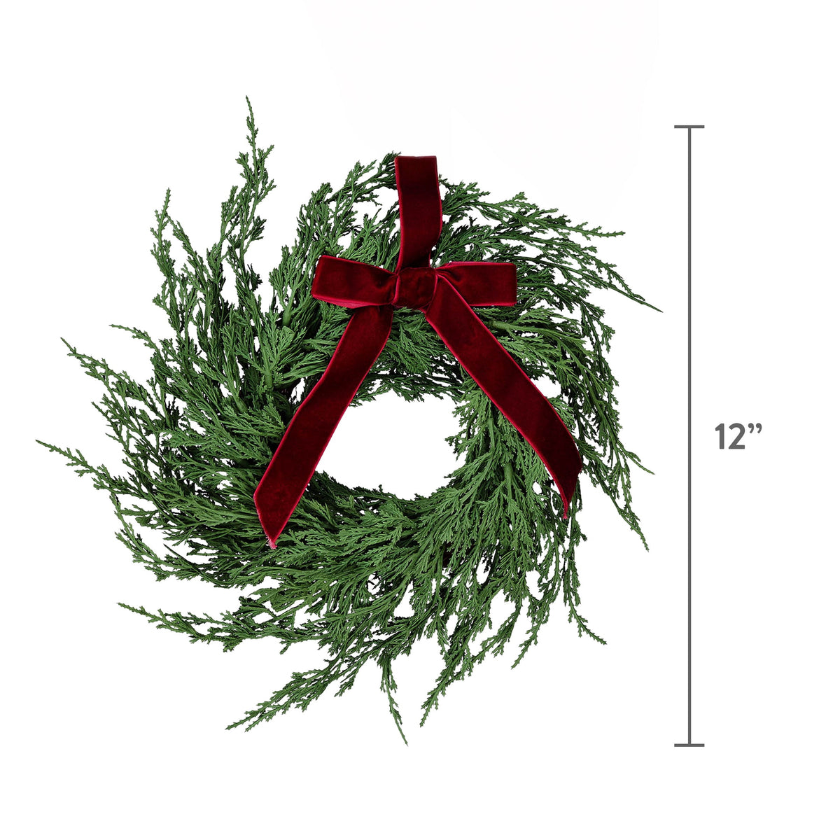 My Texas House Evergreen Artificial Christmas Wreath with Velvet Ribbon, Green and Red, 12"