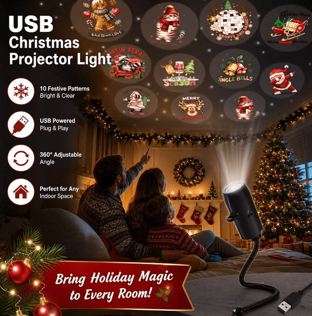 Plug-&-Play HD Christmas&Halloween Projector, USB Flexible 360° Rotatable Holiday Projection Lamp with 10 Festive Pattern Slides for Indoor Ceiling Wall Xmas Decor Christmas 6 Scenes