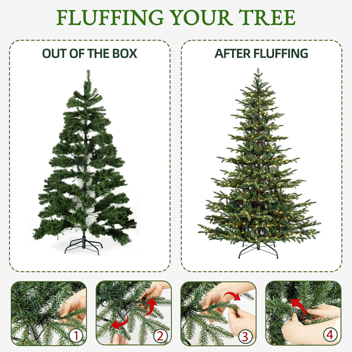VIVATREES 6ft Pre-lit Artificial Christmas Tree w/ 1153 Mixed PVC PE Hinged Branch Tips 330 Warm White LED Lights Foldable Base