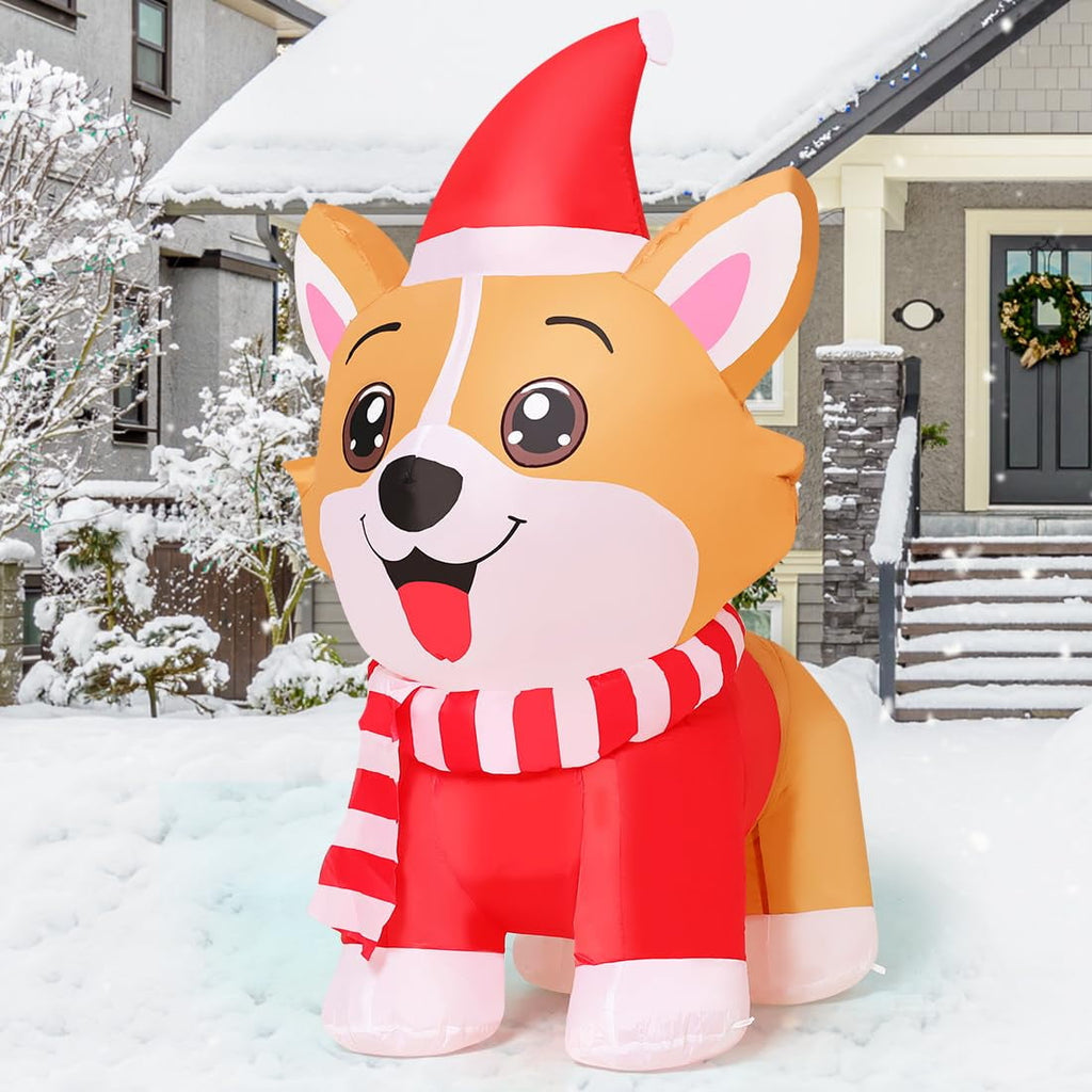 GOOSH Christmas Inflatables 4.2 FT Inflatable Dog Wearing Hat with Built-in LED Lights, Cute Inflatable Christmas Dog Blow up Corgi Dog, Outdoor Christmas Decorations for Xmas Holiday Party