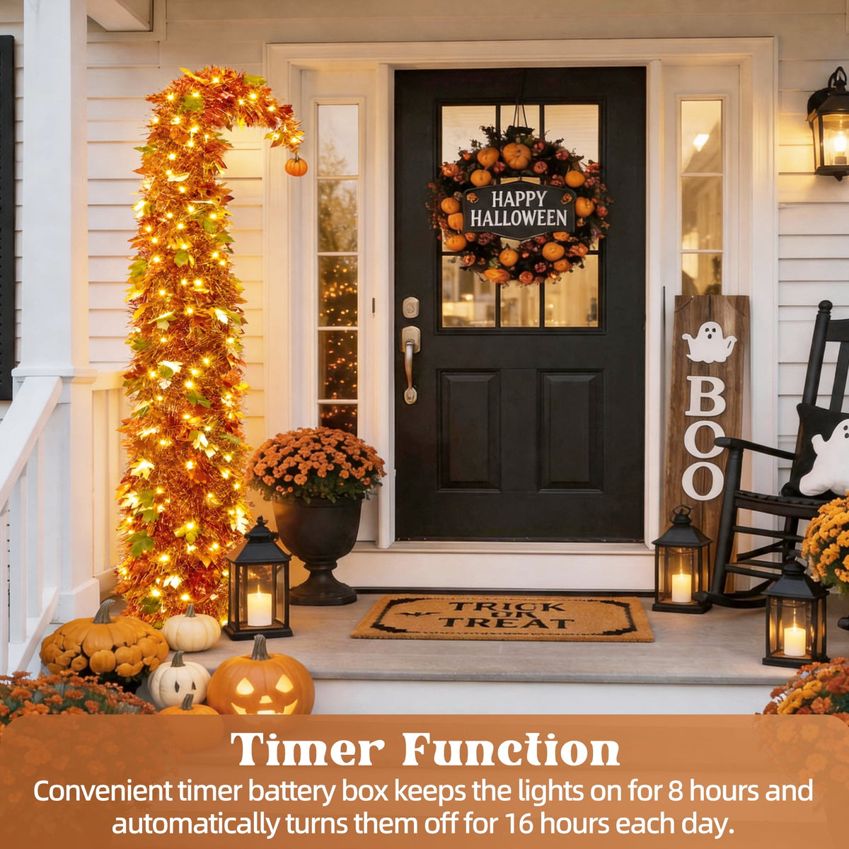 6FT Slim Pop Up Halloween Thanksgiving Tree with Fairy Lights Harvest Tree with Maple Leaves Pumpkins Foldable Collapsible Pencil Fall Tree for Outdoor Porch Patio Deck Living Room Decor