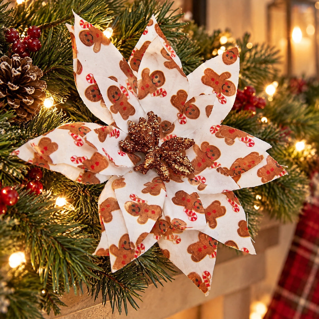 Multicolor Gingerbread Print Poinsettia Mini Christmas Clip Ornament, 4.3", by Holiday Time