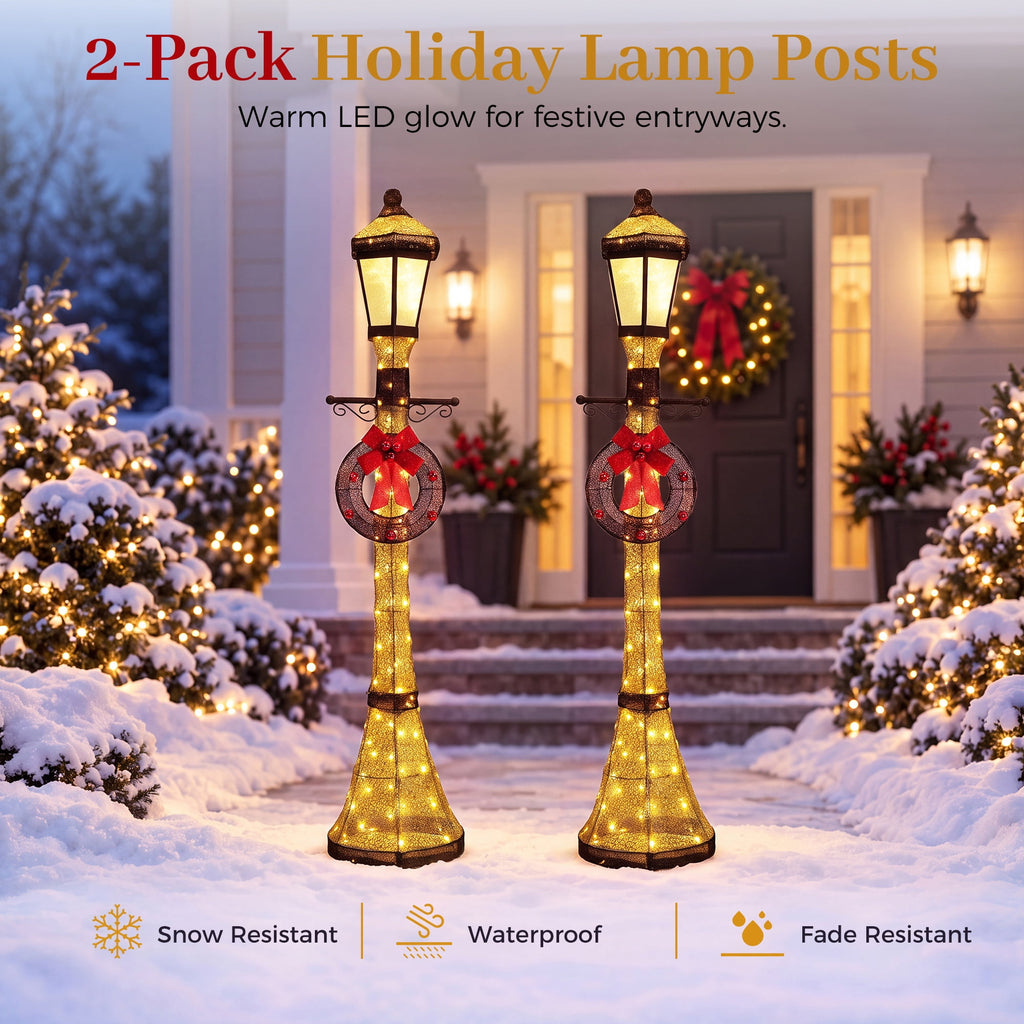 FOOWIN 6FT Christmas Lamppost Set of 2, Outdoor Christmas Lamp Post Decoration with 120 LED Lights, Holiday Porch Lamp Post Decor, Gold