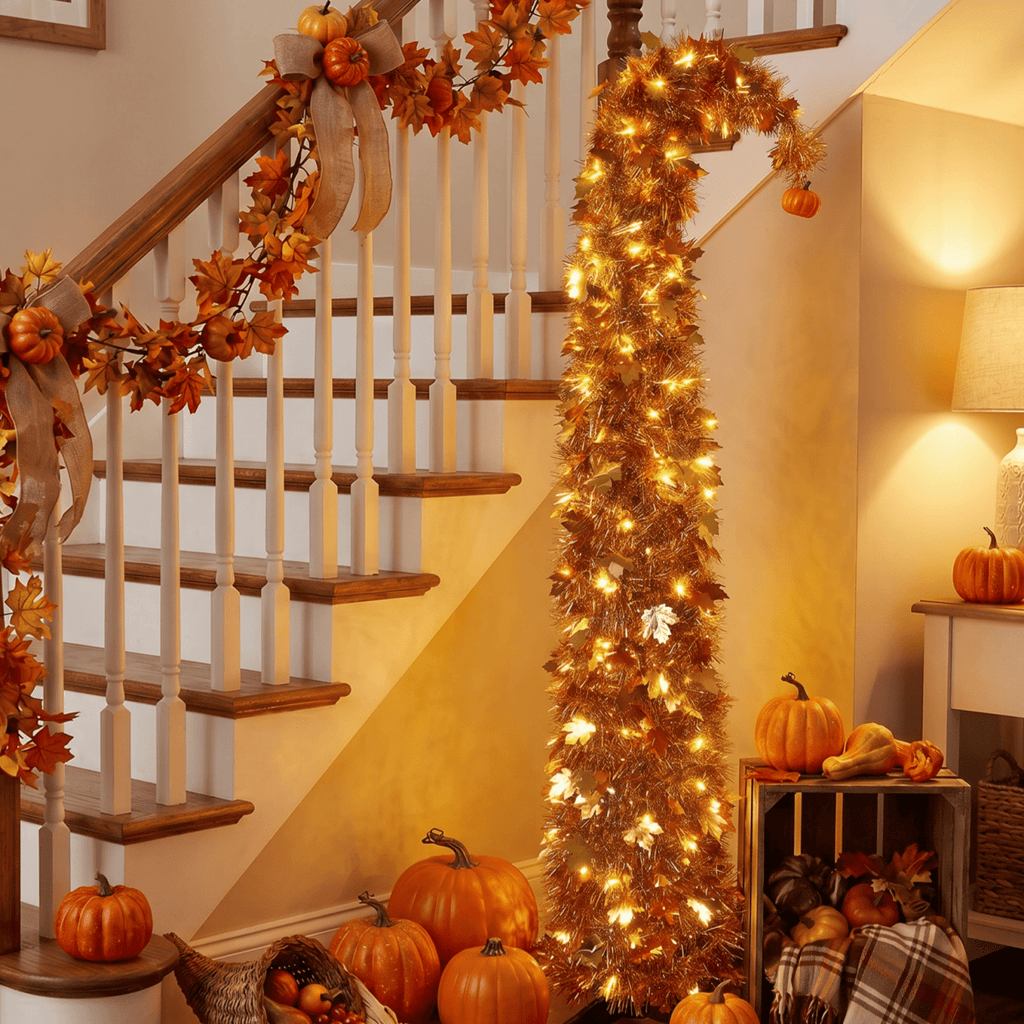 6FT Slim Pop Up Halloween Thanksgiving Tree with Fairy Lights Harvest Tree with Maple Leaves Pumpkins Foldable Collapsible Pencil Fall Tree for Outdoor Porch Patio Deck Living Room Decor
