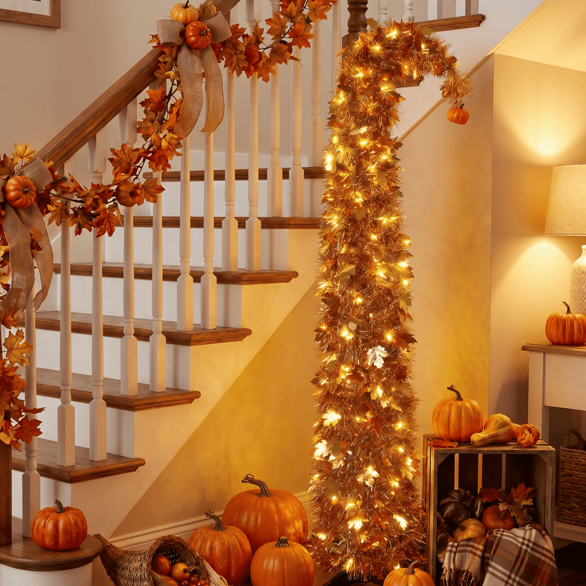 6FT Slim Pop Up Halloween Thanksgiving Tree with Fairy Lights Harvest Tree with Maple Leaves Pumpkins Foldable Collapsible Pencil Fall Tree for Outdoor Porch Patio Deck Living Room Decor