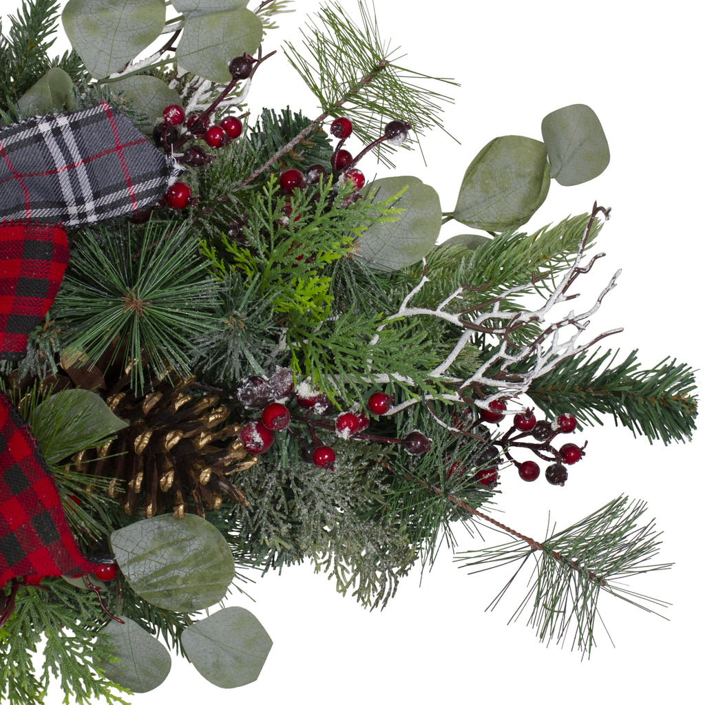 Northlight 336" Buffalo Plaid Christmas Swag with Red Berries, Pine Cones and Flocked Branches –