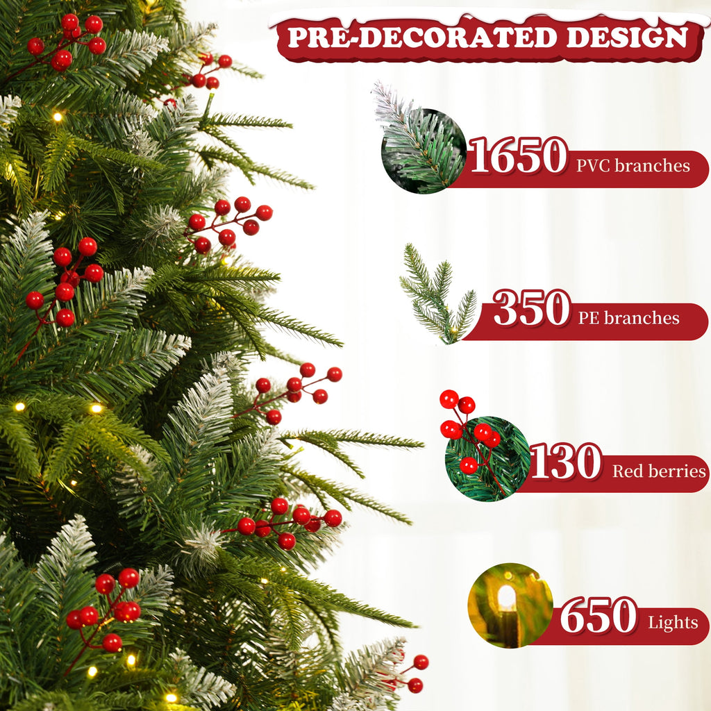 Yexmas 7.5ft Pre-Lit Artificial Christmas Trees,Green Xmas Tree with Large Christmas Tree Storage Bag,Berries, Realistic Artificial Christmas Trees for Home, Office, Party Decoration