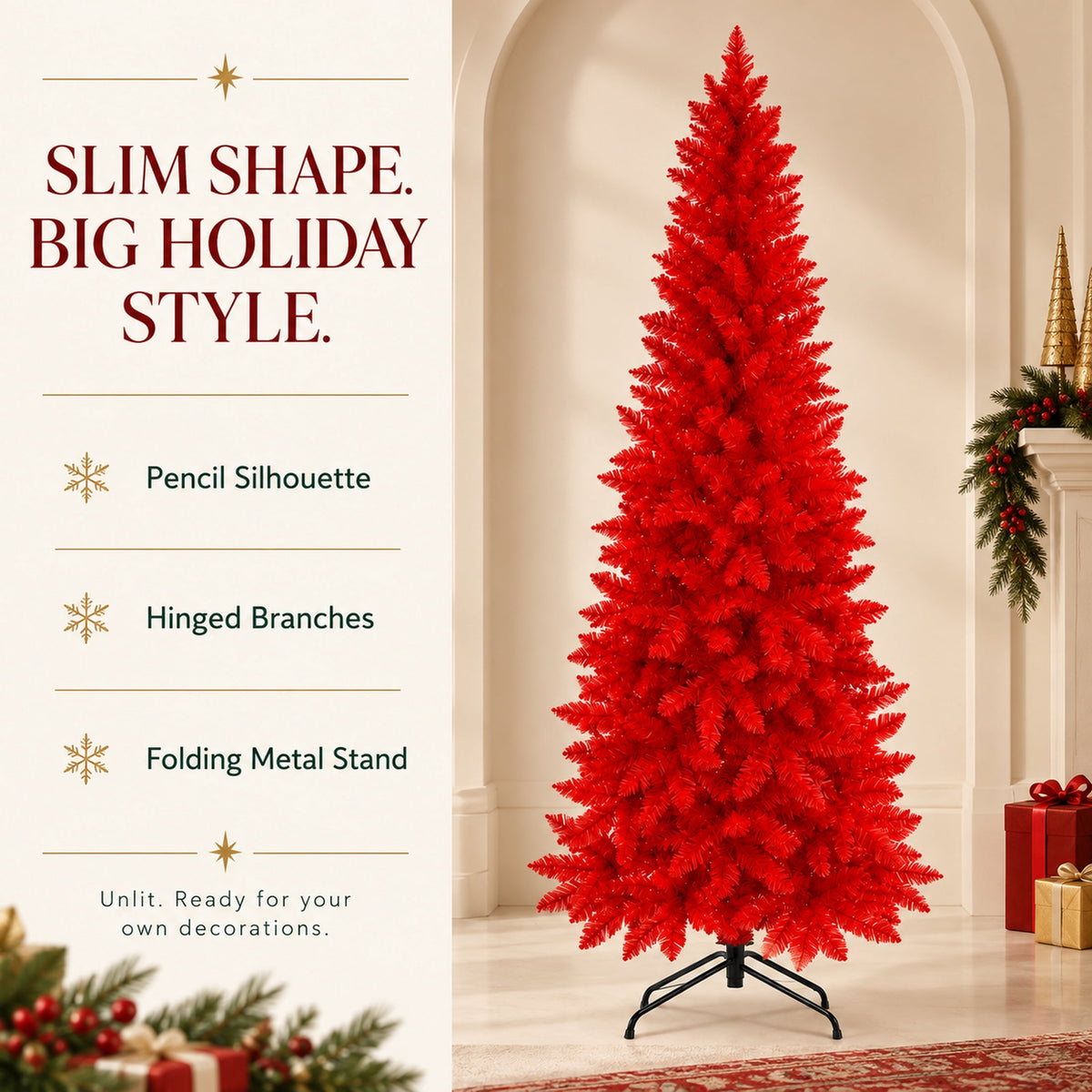 Ahititi 7 FT Red Christmas Tree, Slim Artificial Pencil Tree with 950 PVC Tips, Hinged Branches & Folding Stand, Holiday Decor