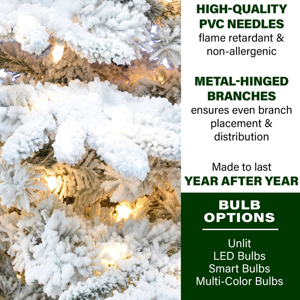 Fraser Hill Farm 9-Ft. Flocked Pine Valley Christmas Tree with Warm White LED String Lighting,