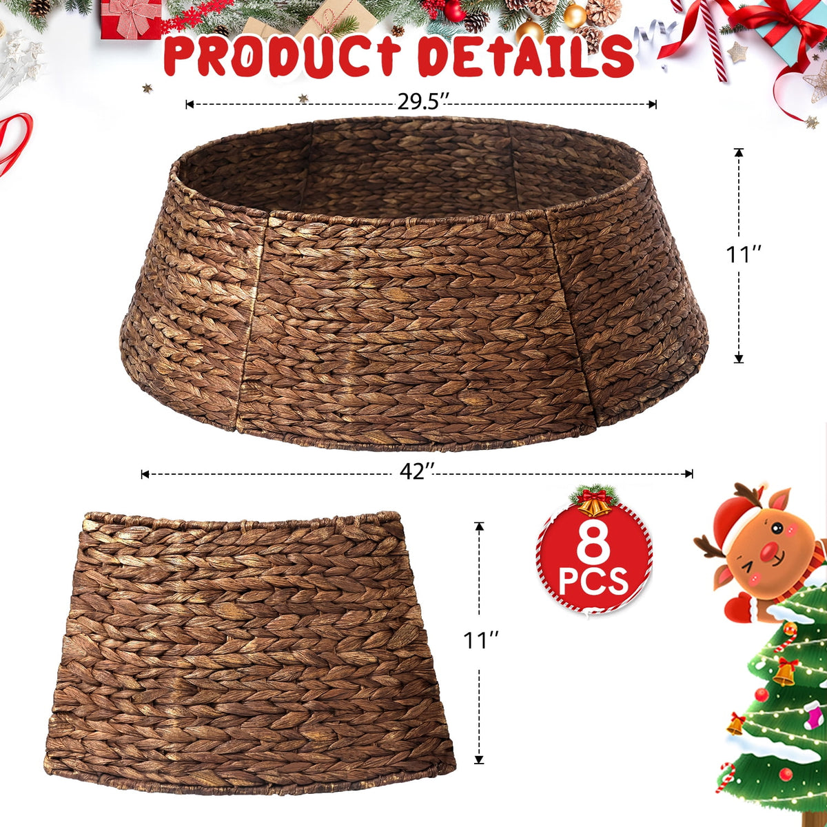 Ayieyill 26in Woven Hyacinth Christmas Tree Collar, Christmas Tree Decorations, Tree Skirt Accessory w/ Cord Cut-Out | Natural