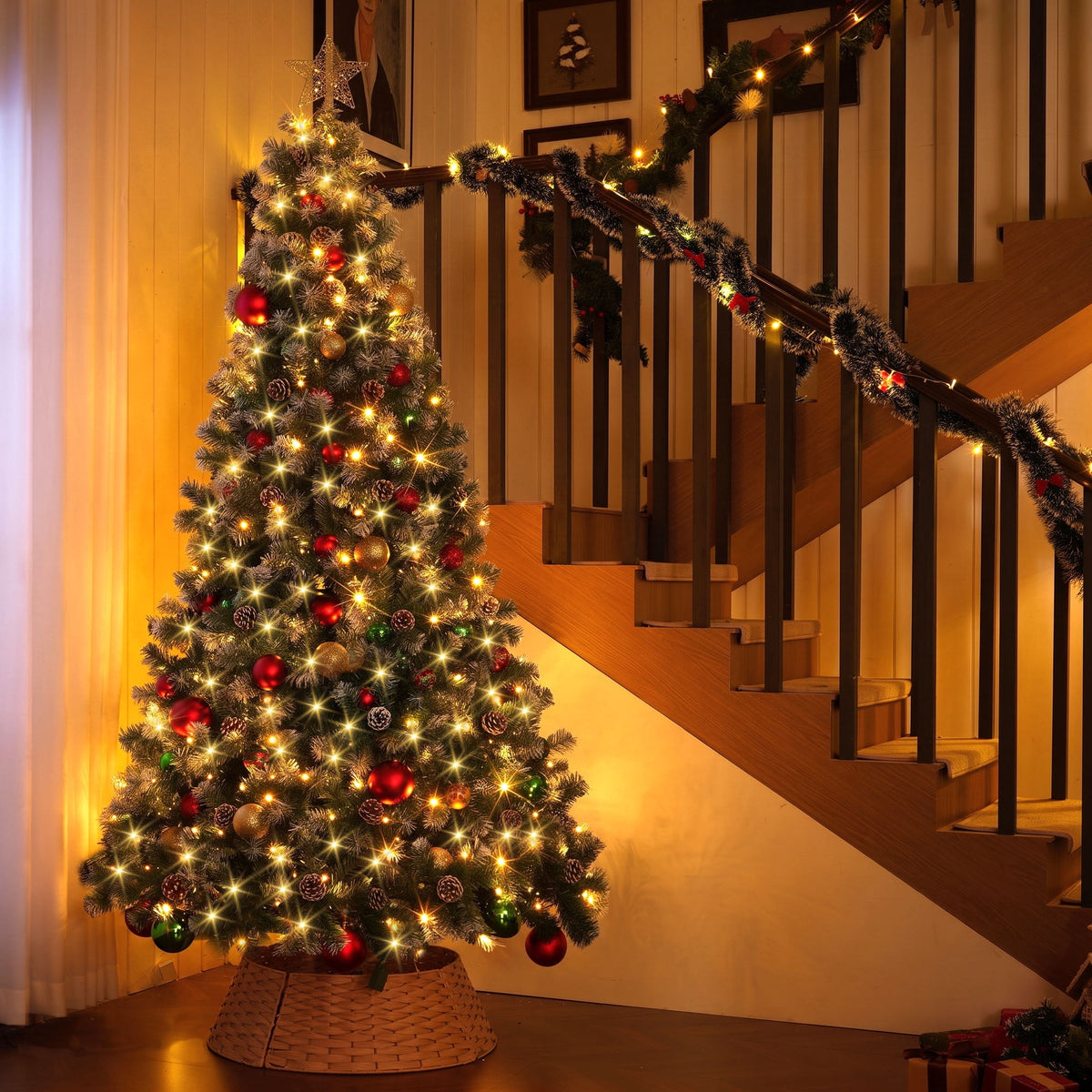 Yexmas 7.5ft Pre-Lit Christmas Tree with Tree Topper, 8 Modes LED Lights, Artificial Xmas Tree with Large Storage Bag