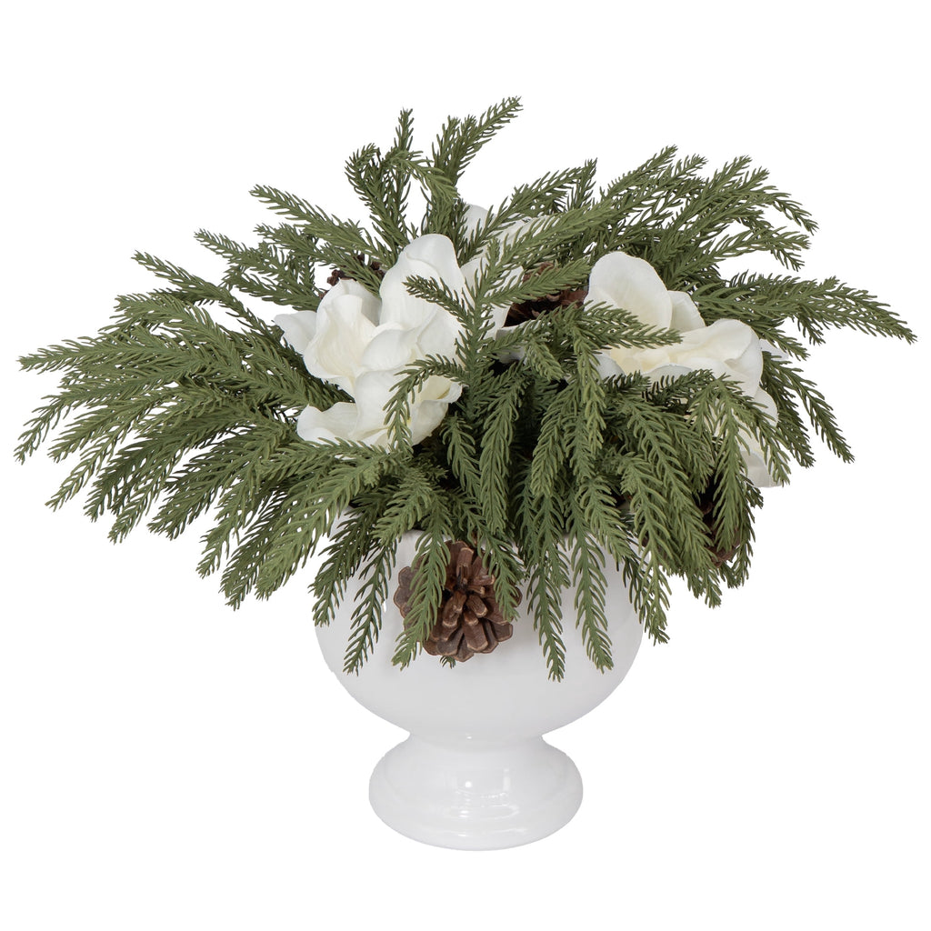 My Texas House Evergreen, Pinecone, and Magnolia Christmas Arrangement in Pot, Green and White, 15"