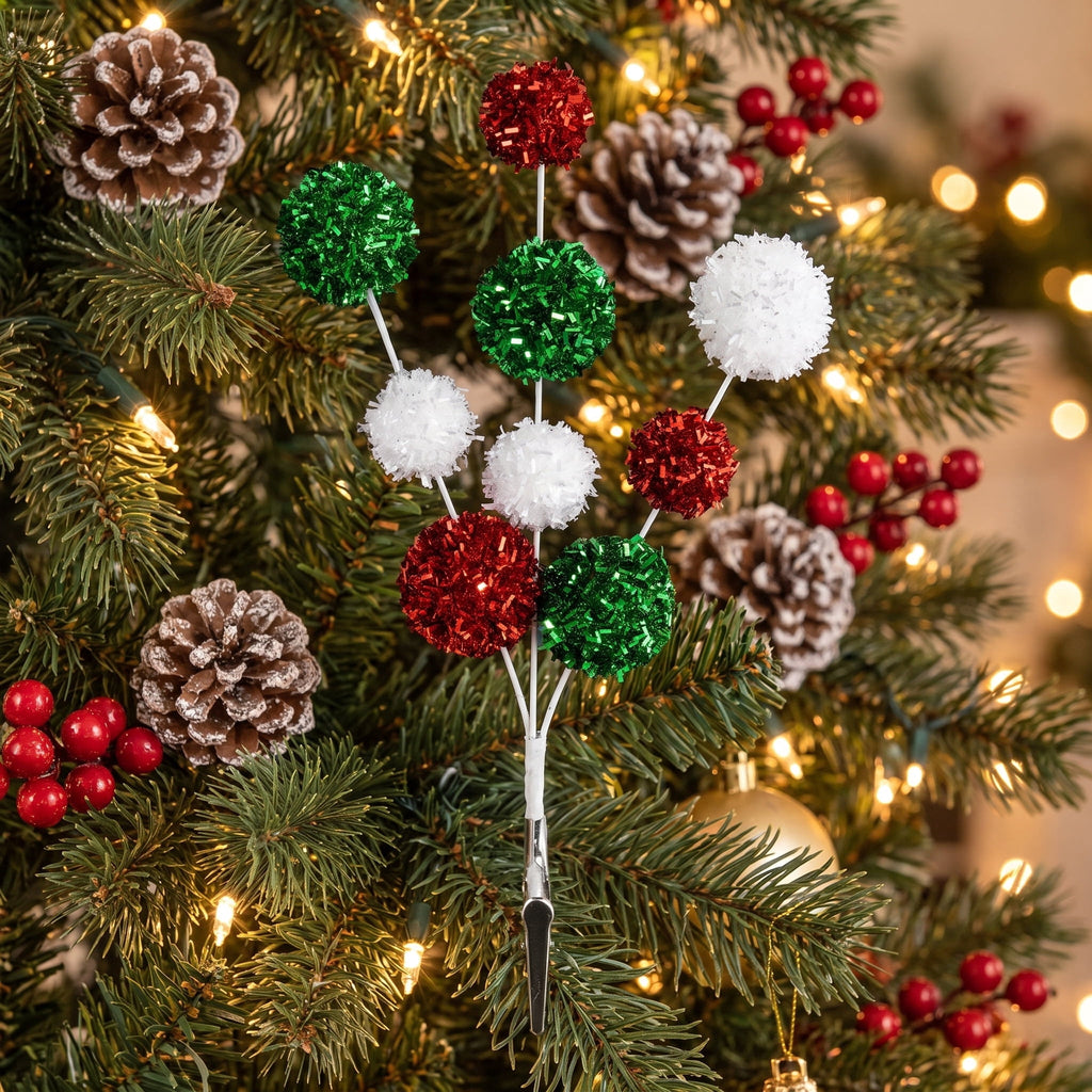 Red/Green/White Tinsel Ball Christmas Clip Ornament, 9.3", by Holiday Time
