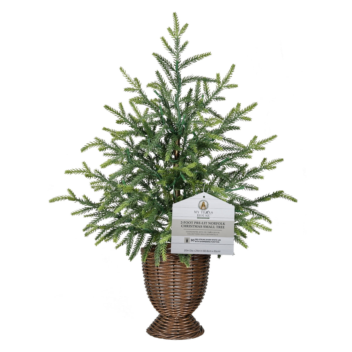 My Texas House 2' Small Pre-Lit Norfolk Pine Green Artificial Christmas Tree with 30 Warm White Twinkle LED Lights in Woven Basket