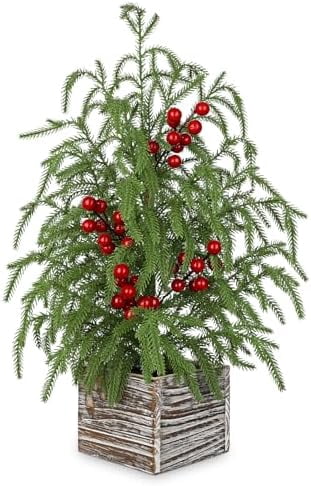 23.6 Inch Farmhouse Faux Cypress Table Tree with Red Berries and Wooden Base