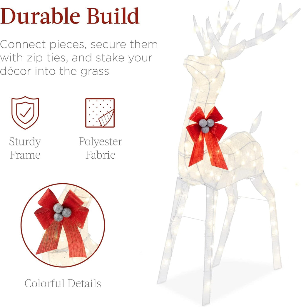 CONCETTA 4ft Lighted Christmas Reindeer & Sleigh Yard Decoration, Outdoor Holiday Lighted Display w/ 180 LED Lights, White Red