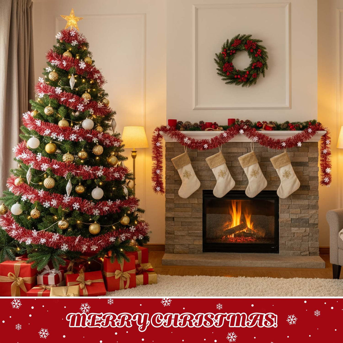Ayieyill 33ft Tinsel Garland Hanging Christmas Tree Garland for Christmas Tree Decorations Indoor, Iridescent