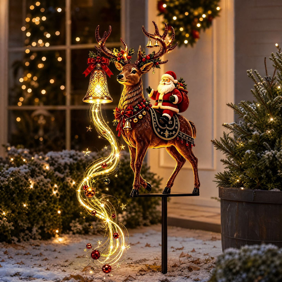 Christmas Reindeer Lighted Yard Stake, Bell and Snowflake Outdoor Decor for Lawn Garden Pathway Porch Holiday Display, 31.9 in