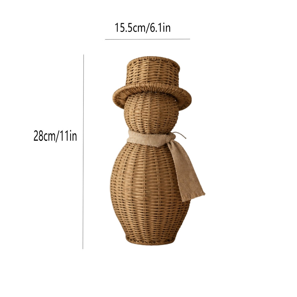 FeiBiQiuBi 14.9" Resin Rattan Style Snowman, Rustic Snowman Decorations with Bow, Woven Natural Style Freestanding Design Winter Farmhouse Decor for Home Kitchen Garden, Holiday Table Mantel Decor