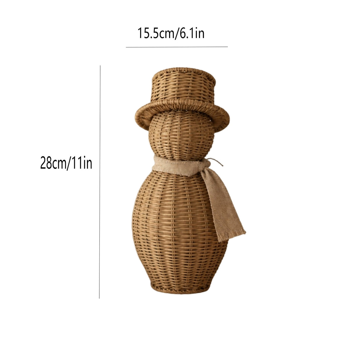 FeiBiQiuBi 14.9" Resin Rattan Style Snowman, Rustic Snowman Decorations with Bow, Woven Natural Style Freestanding Design Winter Farmhouse Decor for Home Kitchen Garden, Holiday Table Mantel Decor