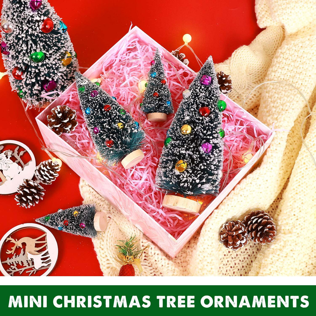 Ayieyill 9Pcs Mini Christmas Trees Christmas Decor Artificial Christmas Decorations with 4 Sizes, Christmas Tree Bottle Brush Trees Christmas Table Decorations (Pink+White)