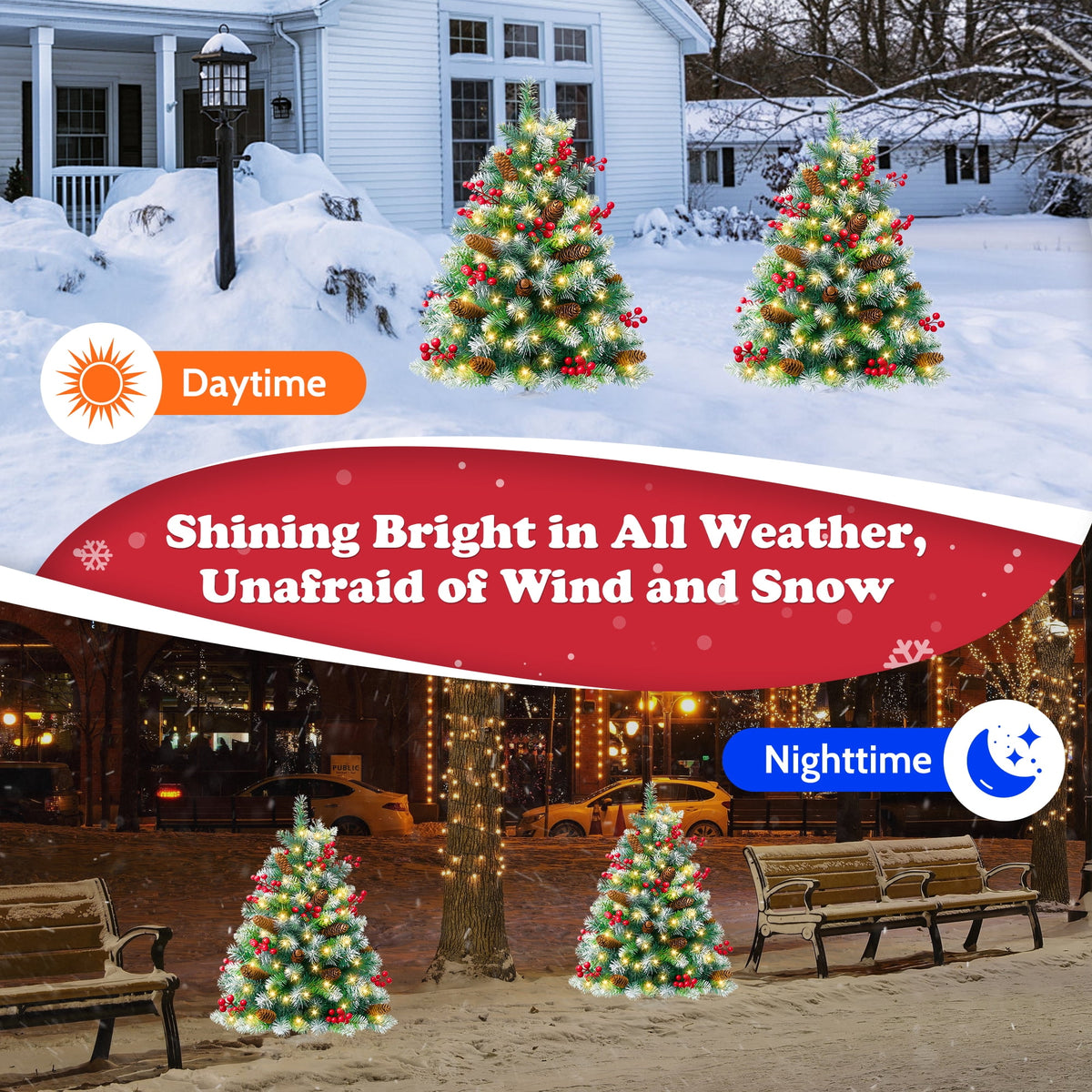Yexmas 2PCS Small Outdoor Christmas Trees with LED Lights,30" Artificial Xmas Decora for Porch,Yard,Pathway,Garden,PVC