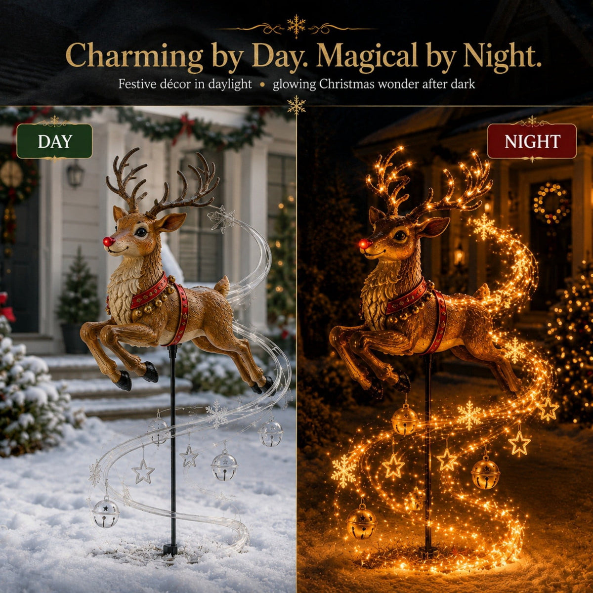 Solar Reindeer Christmas Garden Stake Light, Flowing LED Stars and Snowflakes, Resin Outdoor Holiday Yard Decoration for Lawn, Pathway, Porch, Garden and Entryway, 31.5 in Multicolor